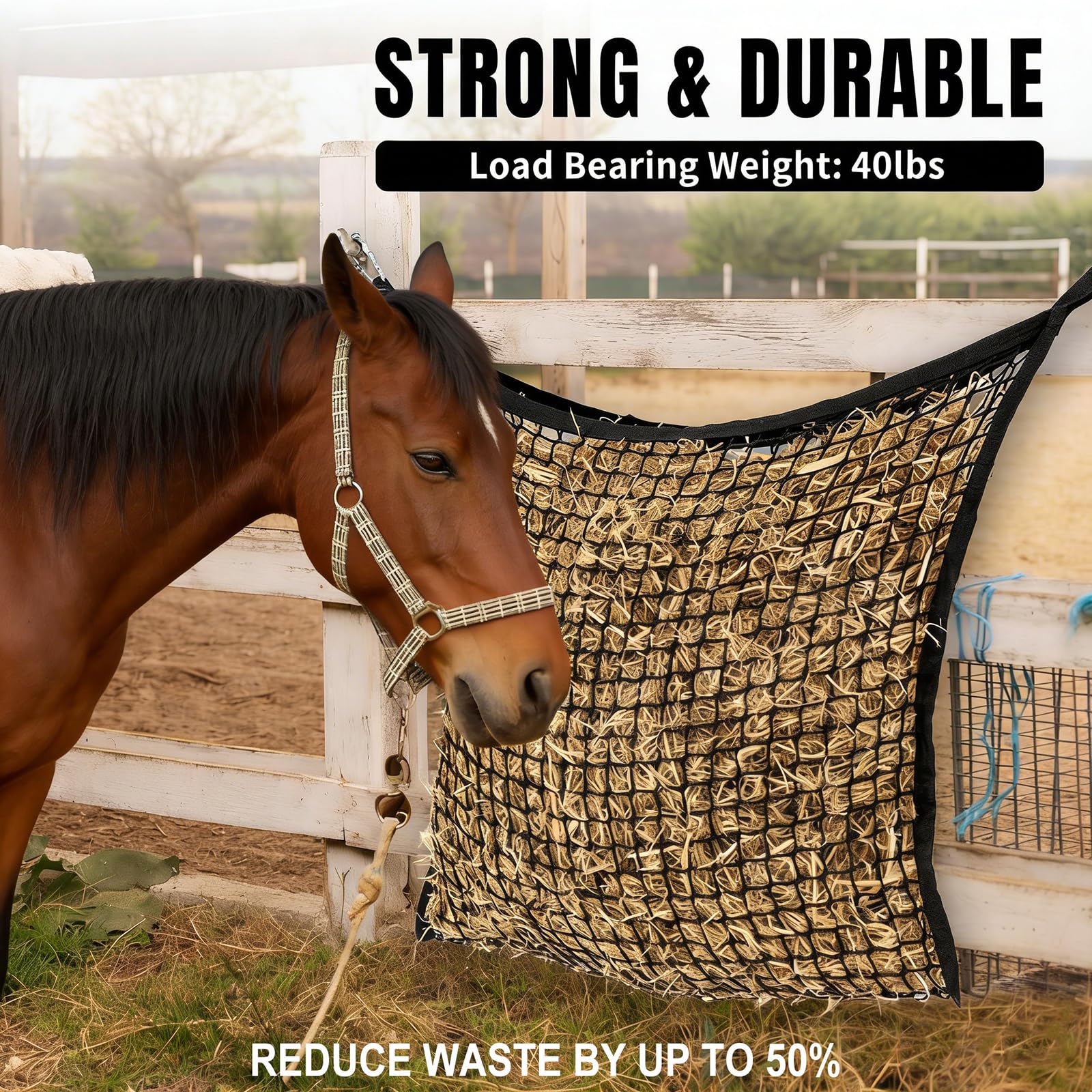 Heunetz für Pferde, langsames Füttern, 90 x 120 cm, robuster Heusack, Polyester-Netz mit Polypropylen-Kanten, idealer Futterspender für Pferde, Ponys, Ziegen, Schafe und Esel, perfekt für Anhänger