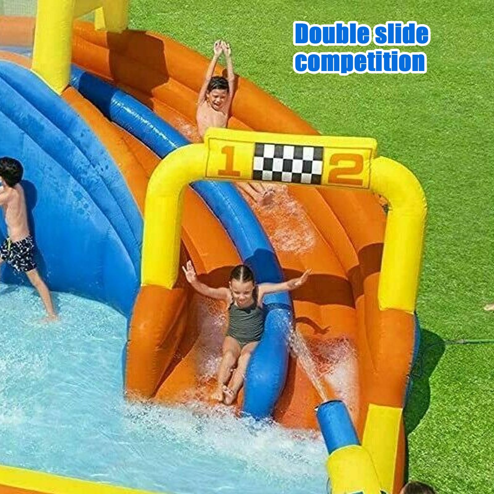 Tobogán de agua grande con toboganes de agua para patio trasero, con piscina, juguetes al aire última intervensión y escalada en roca, incluye secador de pelo, estacas y bolsas de almacenamiento