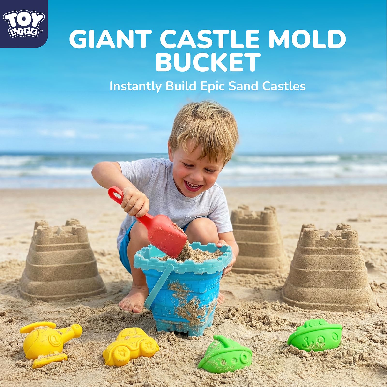 TOY Life Sandspielzeug-Set für Kinder, mit faltbarem Eimer, Transportformen, Auto, Straßenwalze, 2 Schaufeln, Netztasche