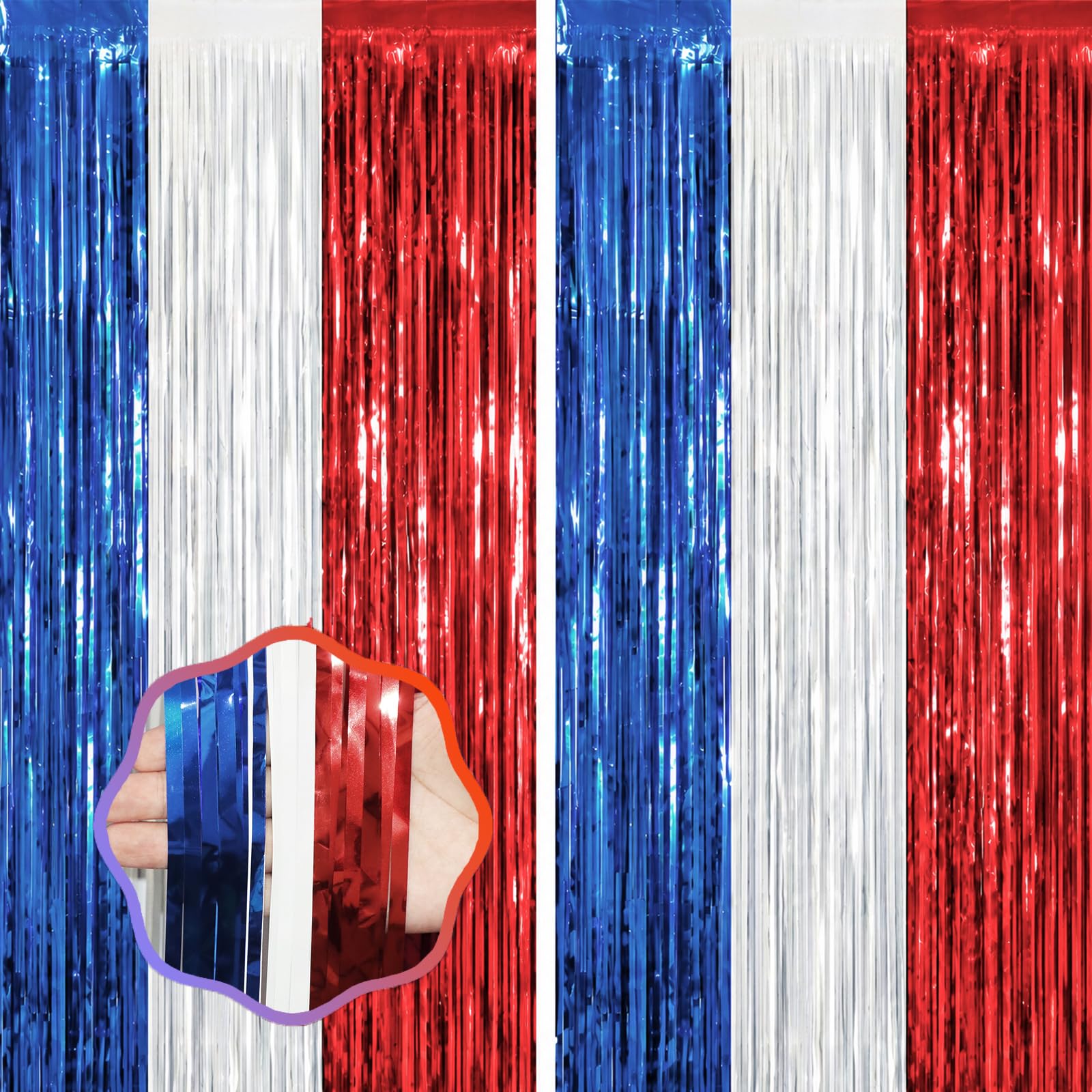 Voircoloria Red White Blue Foil Fringe Backdrop Curtains,3.3x6.6ft, 2 Pack