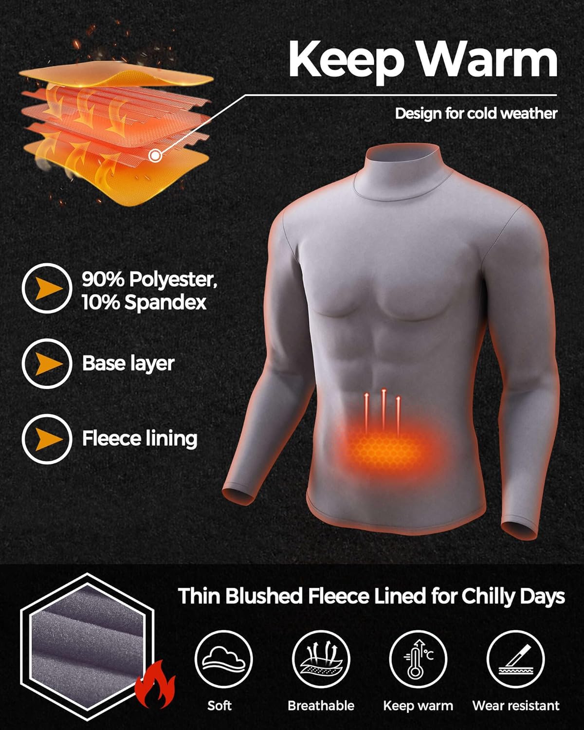 5 or 4 Pack Thermal Shirts for Men Turtle Neck Fleece Lined Long Sleeve Tops Workout Base Layer Cold Weather Gear - Image 2