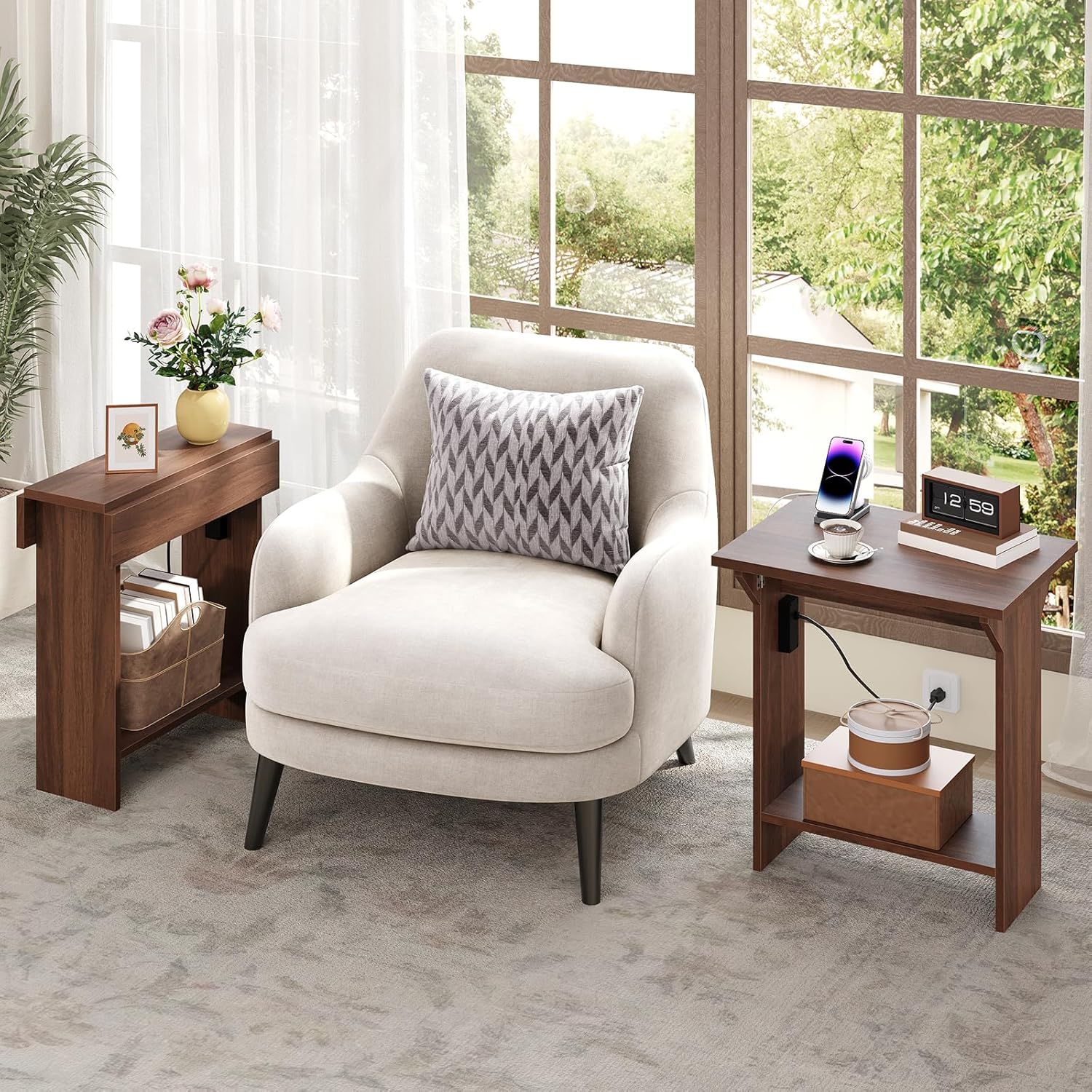Small Side Table with Charging Station, Foldable End Table with USB Ports and Outlets, Narrow Side Table with Storage for Small Space, Narrow Nightstand, Snack Tables for Living Room, Walnut ETZB74E01