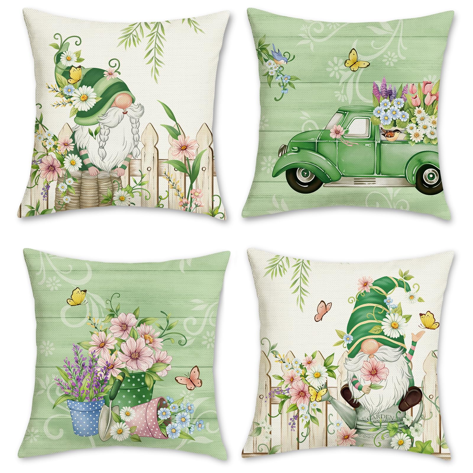 Bonhause Garden Floral Cushion Covers 45 x 45 cm Gnomes Flowers Leaves Truck Green Decorative Pillow Covers for Sofa Bed Home Outdoor Decor Set of 4