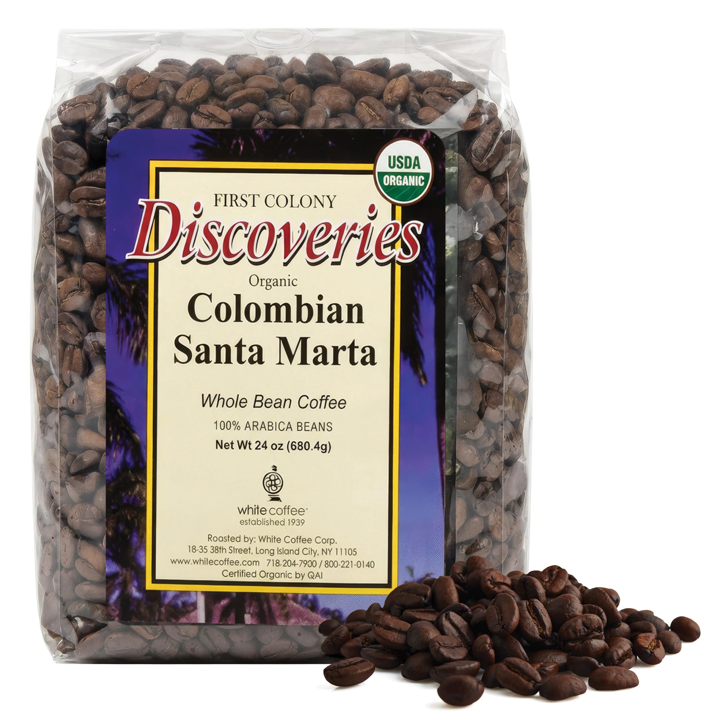 First Colony Organic Whole Bean Coffee, Colombian Santa Marta, 24-Ounce