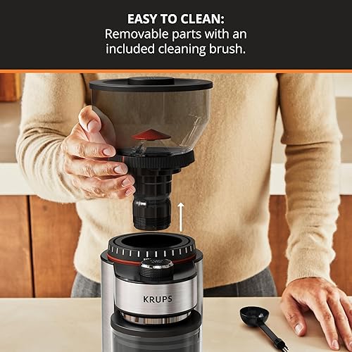 Miniatura 5 de KRUPS Molinillo de café eléctrico de rebabas planas, 18 ajustes de molienda ajustables, 2-20 tazas por molienda, de un solo toque, molinillo de