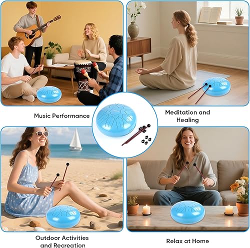 Miniatura 21 de Tambor de lengua de acero, tambor de tanque de mano, 11 notas, instrumento de percusión de meditación de 10 pulgadas con mazos, púas de dedos