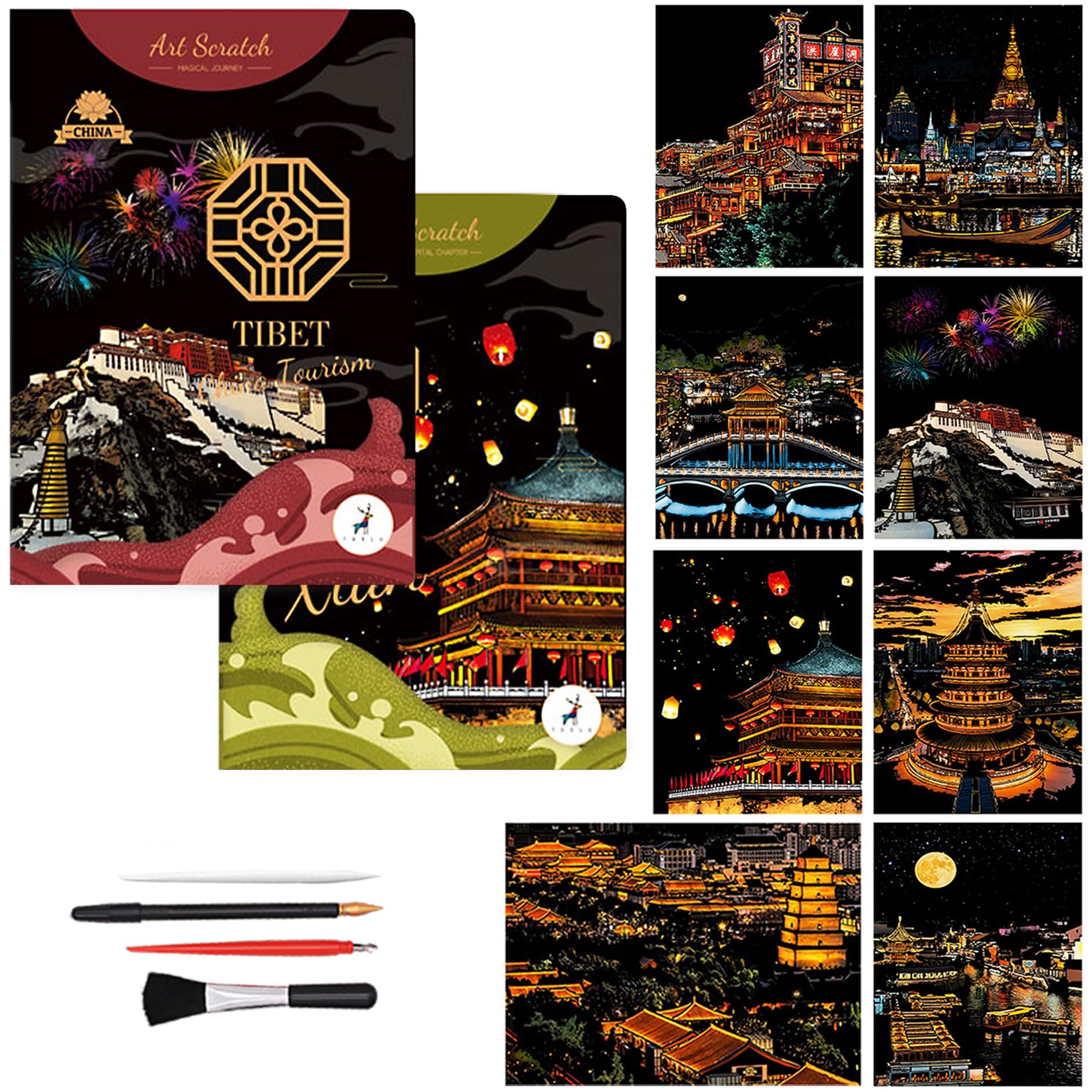 Paint by Scratch for Adults, Scratch Painting Rainbow Scratch Paper, Ultra Restoration City Night Scene Adult Arts and Crafts Scratch Painting Art Set (Tibet & Xi'an)