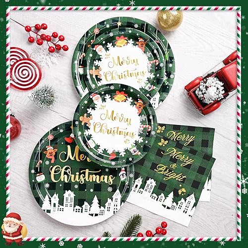 Miniatura 5 de Homlouue Platos y servilletas de papel de Navidad, suministros de fiesta de Navidad para decoración de mesa de fiesta de Navidad, vajilla navideña