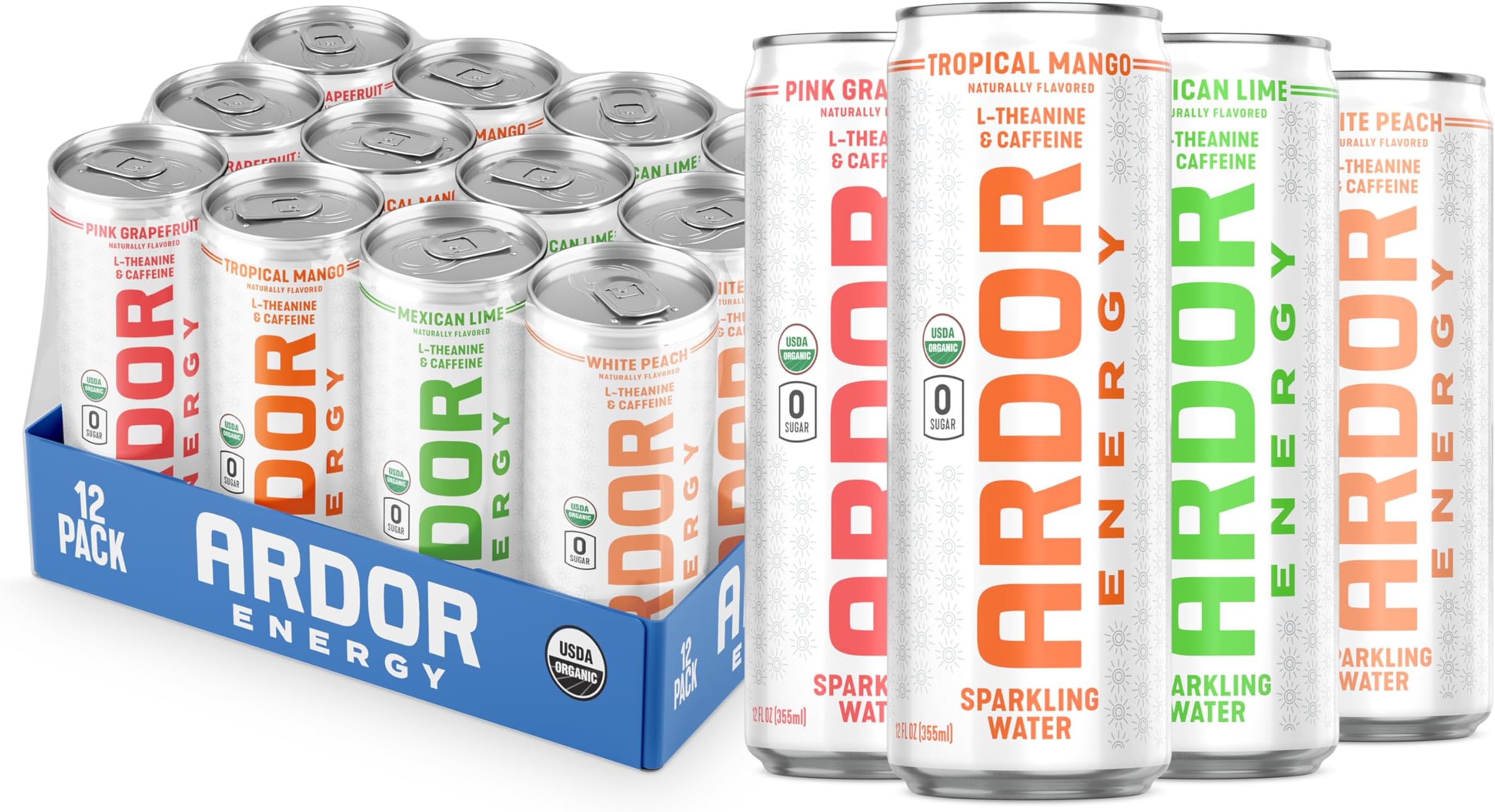 - ENERGY Sparkling Water with 100mg Natural Caffeine & 200mg L-Theanine from Organic Green Tea for Smooth Energy & Focus | Healthy Energy Drink | No Sugar, Zero Calories, Vegan, Gluten-Free | Tropical Variety (Pack of 12, 12oz cans)