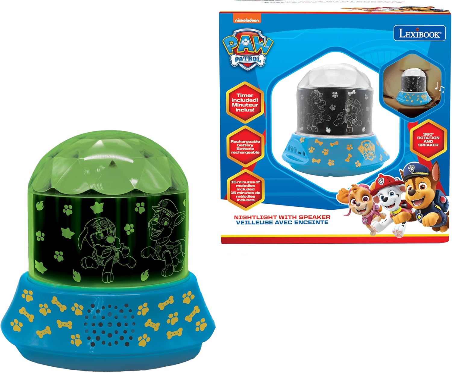 LEXiBOOK - Paw Patrol, Nightlight Projector with Speaker, Luminous projections on The Ceiling, Paw Patrol Icons, Kids Bedroom lamp, Color Decorative Light - NLJ035PA