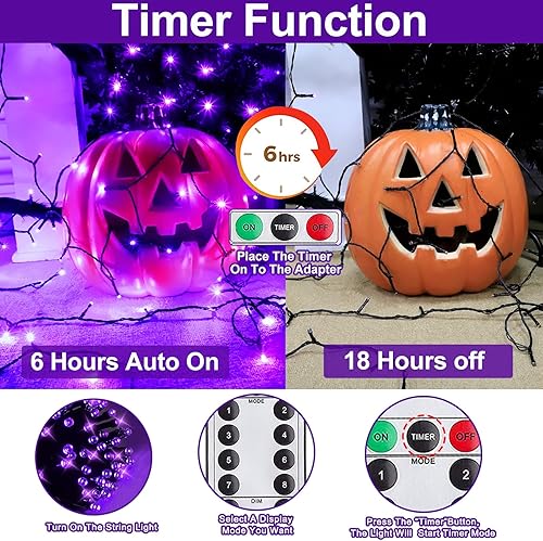 Miniatura 4 de TURNMEON Tira de luces LED moradas de Halloween de 50 pies a 150 pies para exteriores, funciona con pilas, cable negro con impermeable,