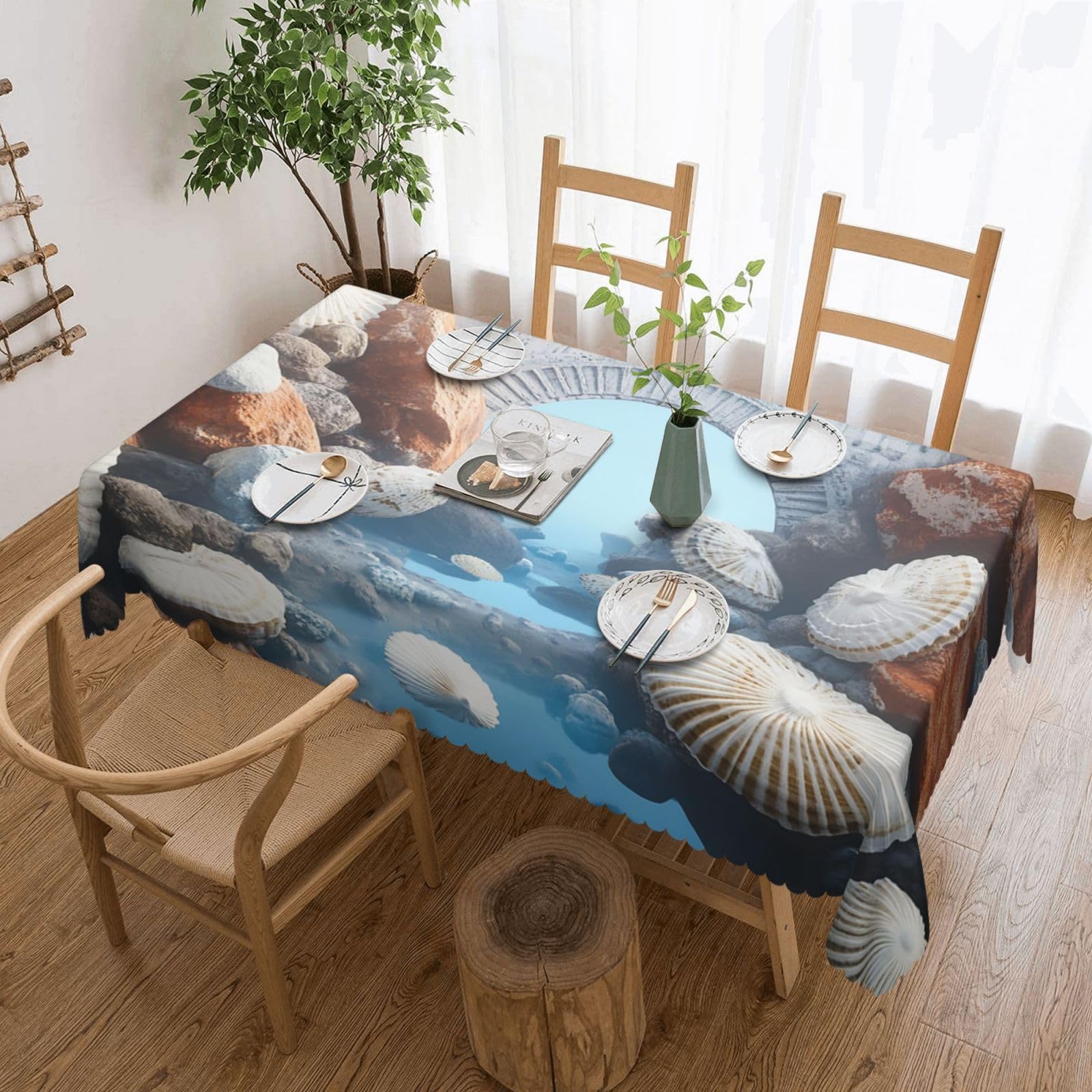 Nappe rectangulaire tissu lavable motif coquillages protection table
