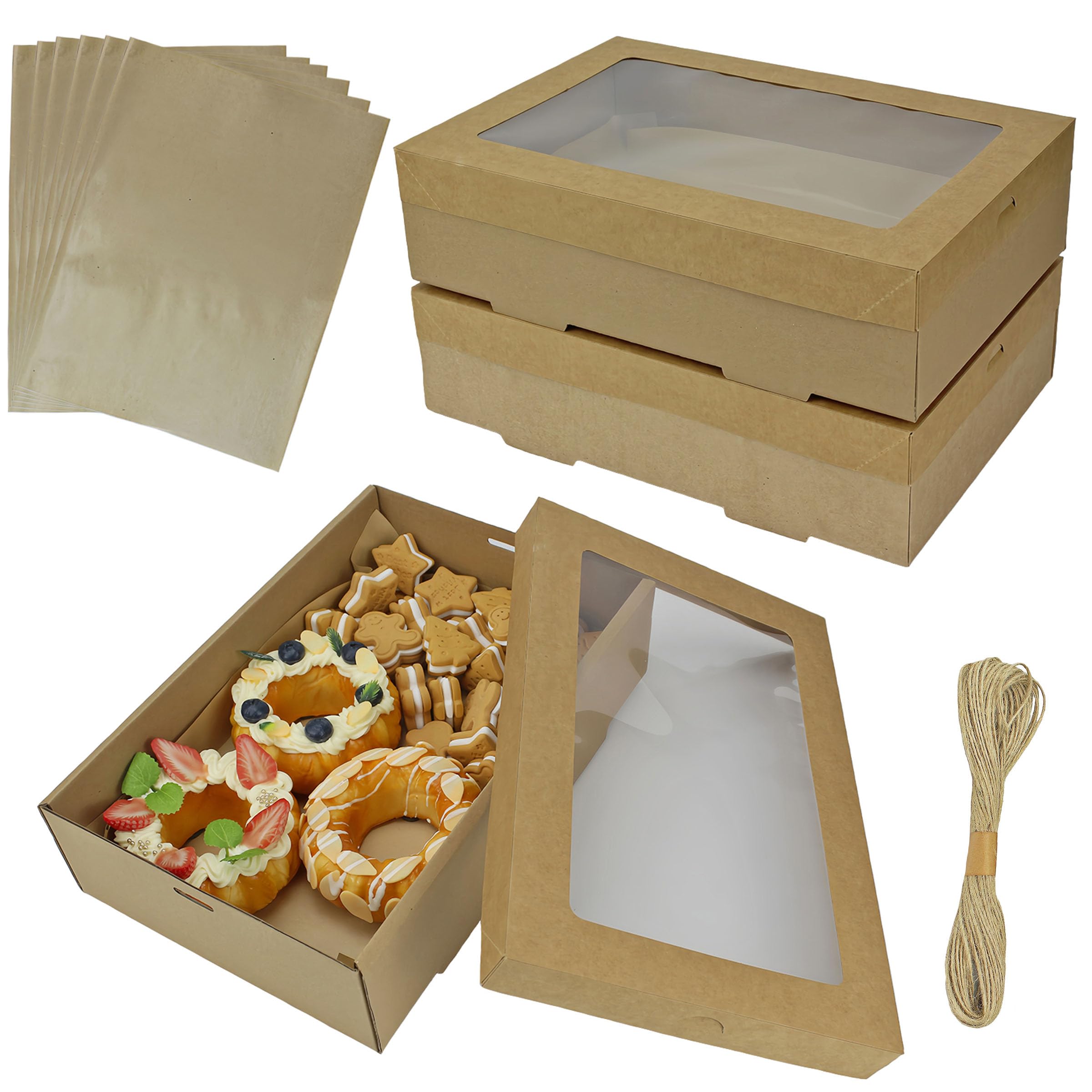 Yankmoom Brown 6 Pack Cake Boxes With Window,30 X 20 X 8Cm Cardboard Bakery Boxes Kraft Cookie Boxes Gift Warpping Box With Display For Packing