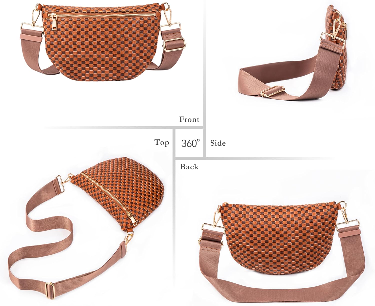 Woven Crossbody Bag for Women, Checkered PU Bum Bag Sling Purse with Adjustable Strap for Travel, Festivals