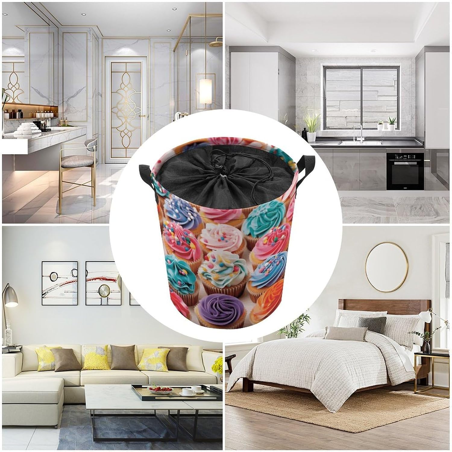 Birthday Cupcakes Laundry Basket Collapsible Clothes Hamper with Reinforced Handles Large Capacity Waterproof Laundry Bag Freestanding Laundry Hamper for Bedroom Bathroom