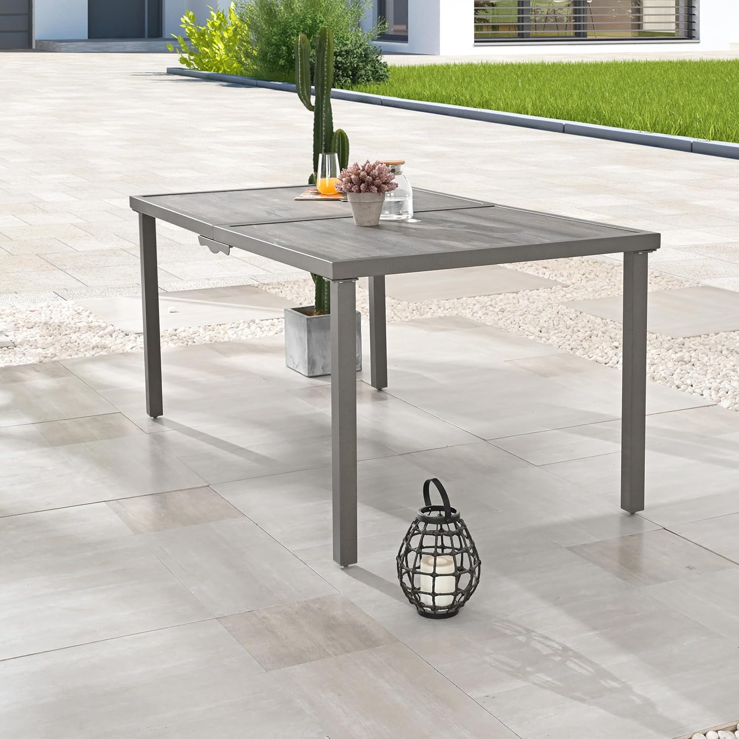 LOKATSE HOME Outdoor Patio Dining Table Rectangular with Wood-Like Tabletop and Powder Coated Steel Frame for Backyard Deck Lawn Garden