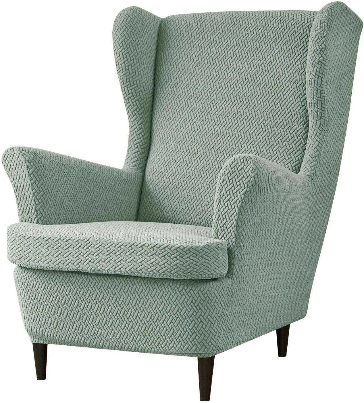 Haclen Green Stretch Wingback Chair Cover With Cushion Cover, Wing Chair Slipcover Removable Wingback Armchair Slipcover Living Room (,One Size)