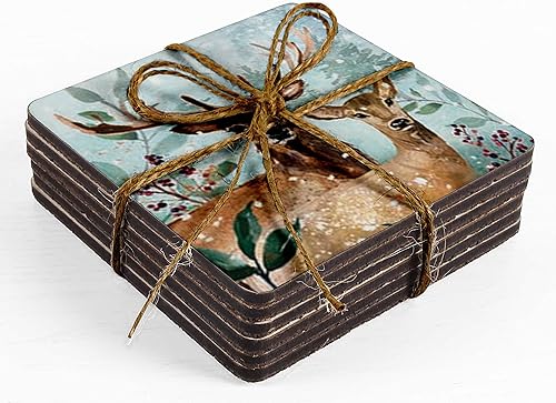 Miniatura 7 de Juego de 6 posavasos decorativos antideslizantes con base de corcho de 4 pulgadas, cuadrados impresos, fáciles de limpiar, Winter Wonderland