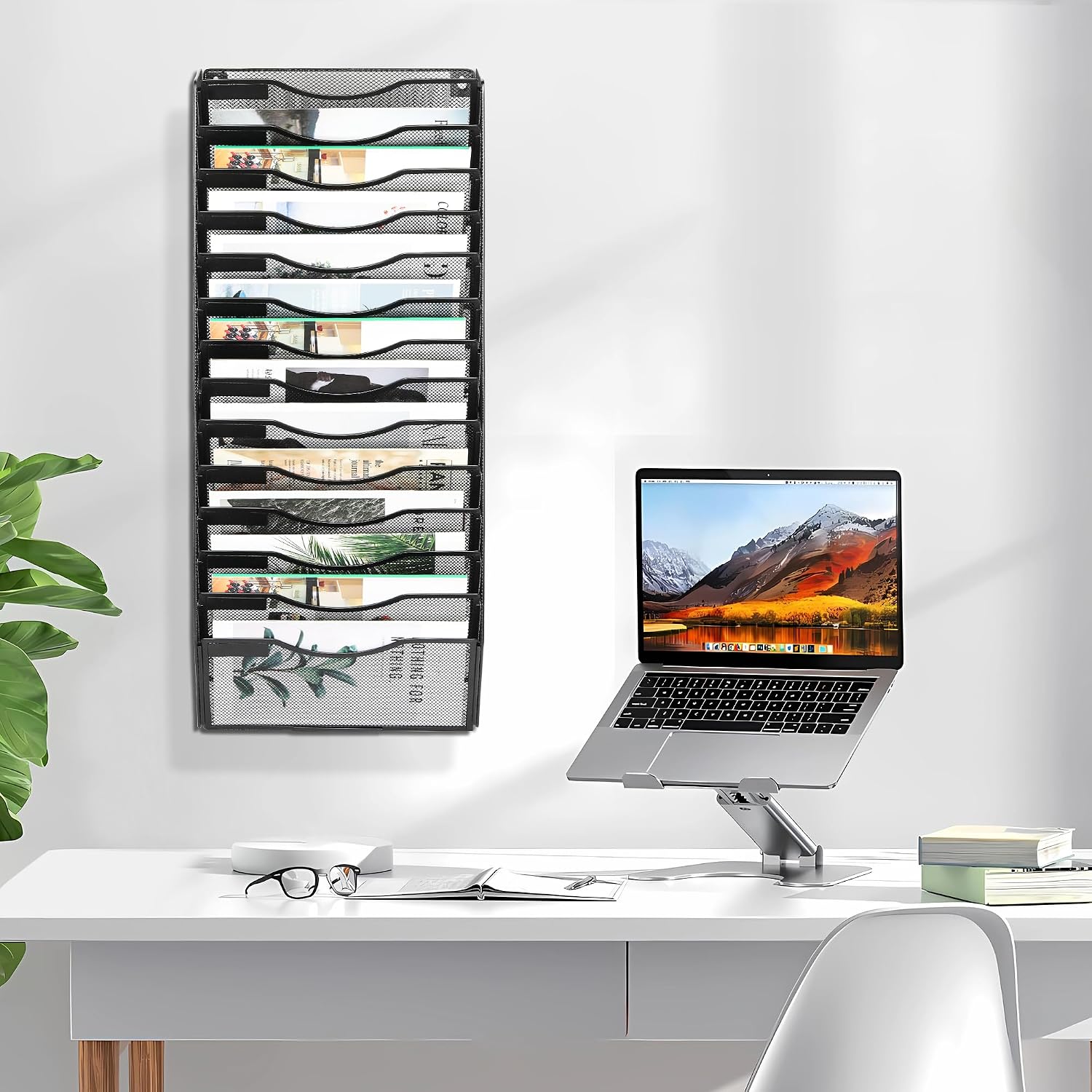 EasyPAG Wall File Organizer for Office 14 Pocket Mesh Wall Mounted Paper Organizer Hanging Folder Holder with Nametag Label for Home School, Black