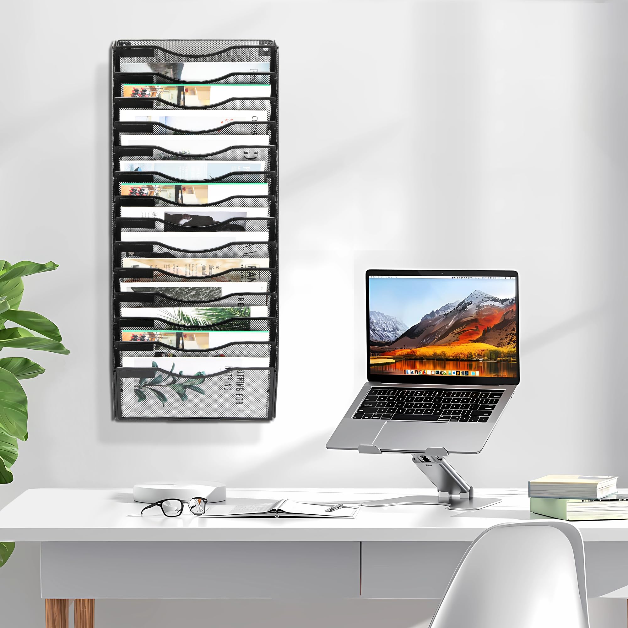 EasyPAG Organizer da parete con 14 tasche, nero | Porta documenti da parete in rete metallica | Organizer per posta da appendere | Etichette sostituibili | Ufficio casa formato lettera archiviazione