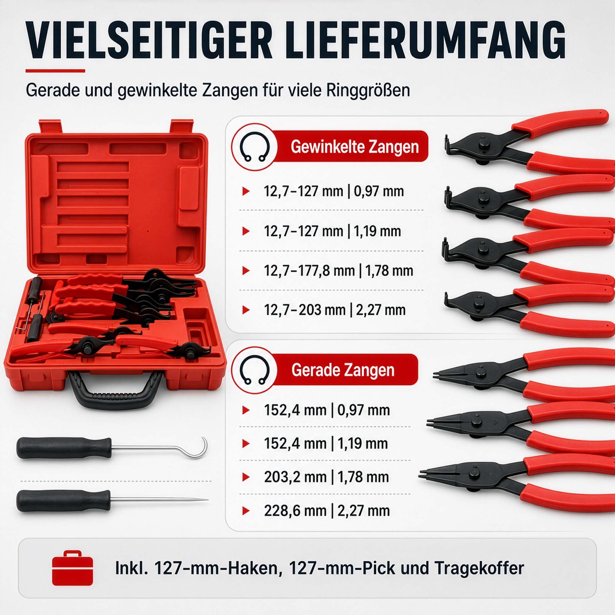 Wiltec Sprengring Zange 11 teilig, 12,7-203 mm, Seegeringzange für Außenringe und Innenringe, Sicherungszangen Set im Koffer