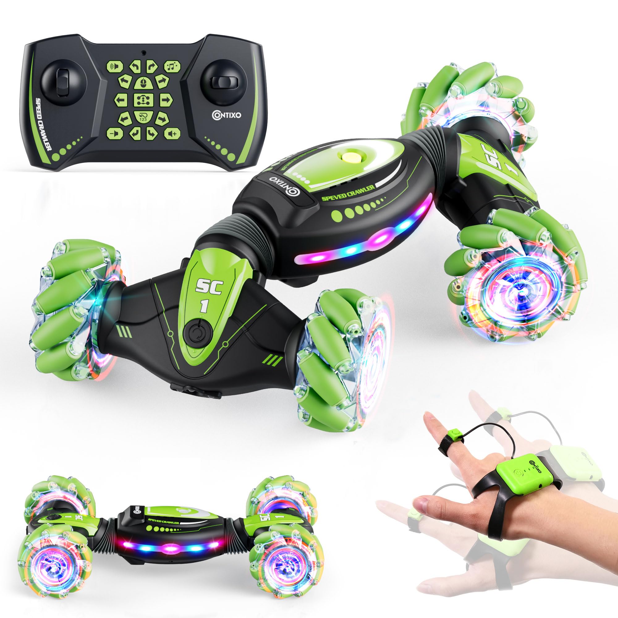 Contixo SC1A Kids Big Remote Control Car with Gesture Sensor, 4WD 360° Spins, Music, Lights & Spray, Side Drifts, Double-Sided Driving Off-Road Stunt Car Vehicle for Boys Ages 3 4 5