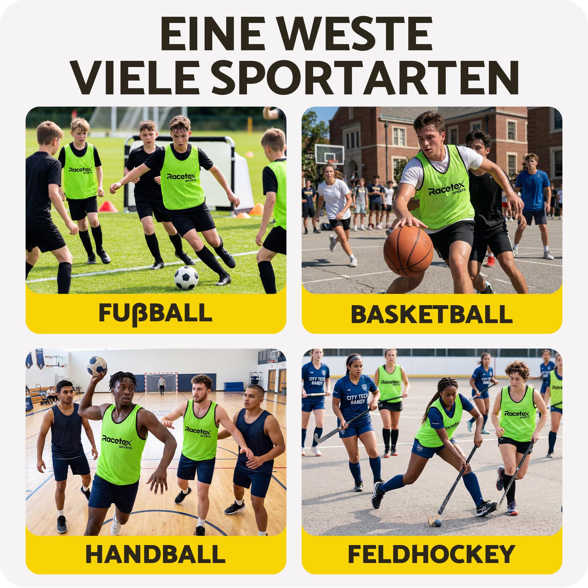 Racetex Leibchen Fussball Kinder und Herren 10er Set – Leibchen Fussball Herren und Damen – Leibchen Kinder mit atmungsaktives Mesh, leuchtende Farbe inkl. Netzbeutel für mühelose Mitnahme