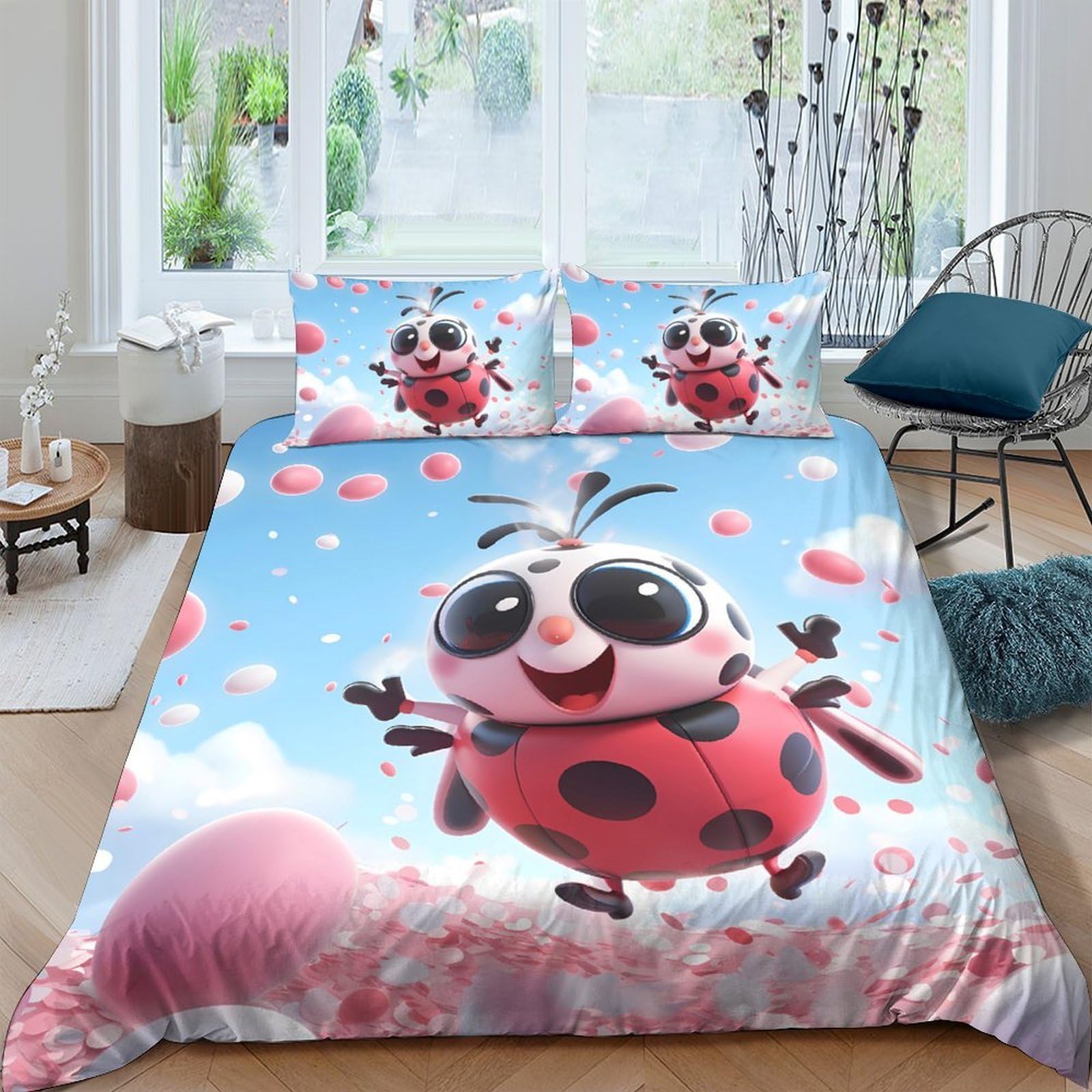 Ctjqhvkz Style-6 3D Printed Cute Ladybug Fitted Sheet Microfiber Pink Cartoon Meadow Mattress Cover For Bedroom Guest Room Decor Single（135X200cm）