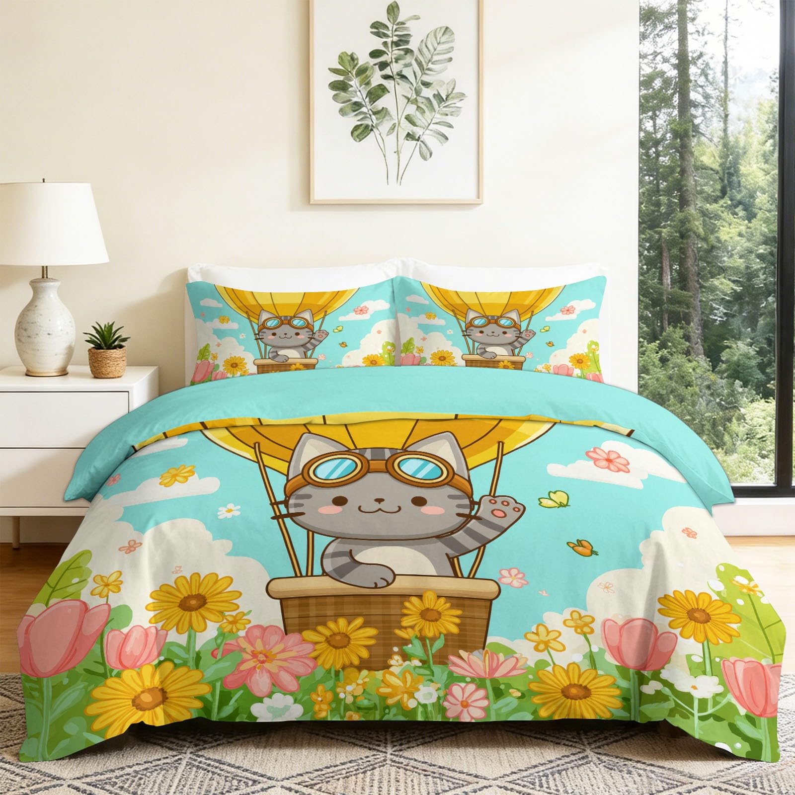 Housse de couette chaton mignon et fleurs pour créer un nid douillet réconfortant