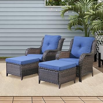 Rilyson Luxury 4 Pieces Patio Wicker Furniture Ottomans, Wicker Patio Chairs Set of 2 with Ottoman, Rattan Outdoor Porch Chair with Thick Cushion for Balcony Deck Yard and Porch Brown/Blue