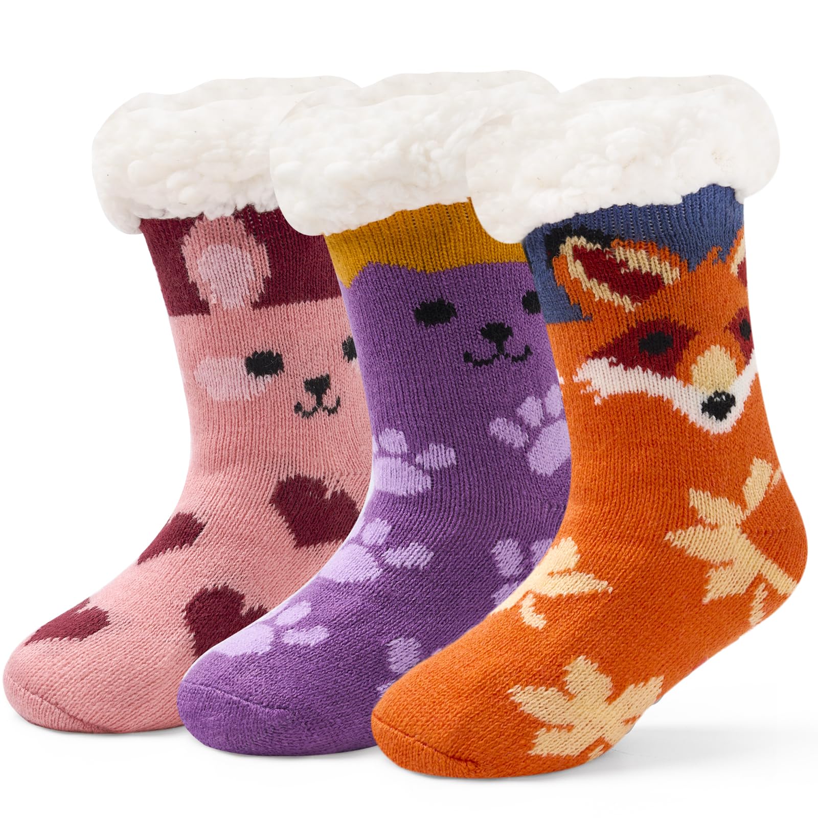 Aisyee 3 Paare Kindersocken Dicke Wintersocken Jungen Haussocken Mädchen bodensocken Kinder antirutschsocken Jungen Warme Kuschelsocken 23-31/3-10 Jahre