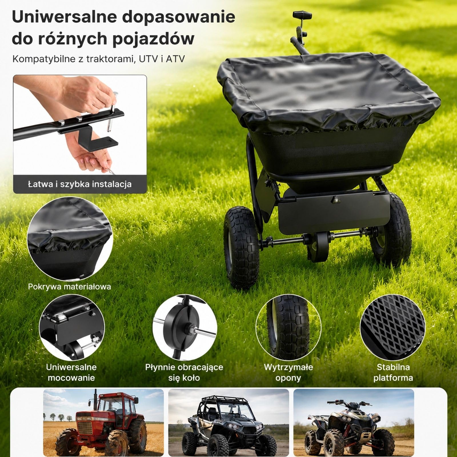 Przyczepiany rozsiewacz obrotowy, pojemność 38,6 kg, regulowana szerokość rozrzutu 0-3 m, przekładnie aluminiowe, do nasion, nawozu i soli drogowej