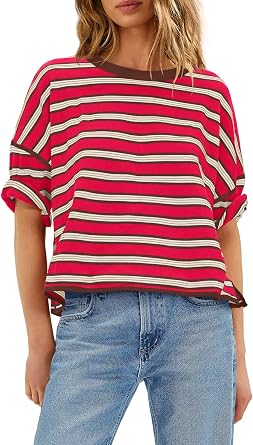 Yanekop Womens Oversized Shirts Striped Half Sleeve Tops Casual Summer Crew Neck T Shirts Basic Tees Blouse 2026