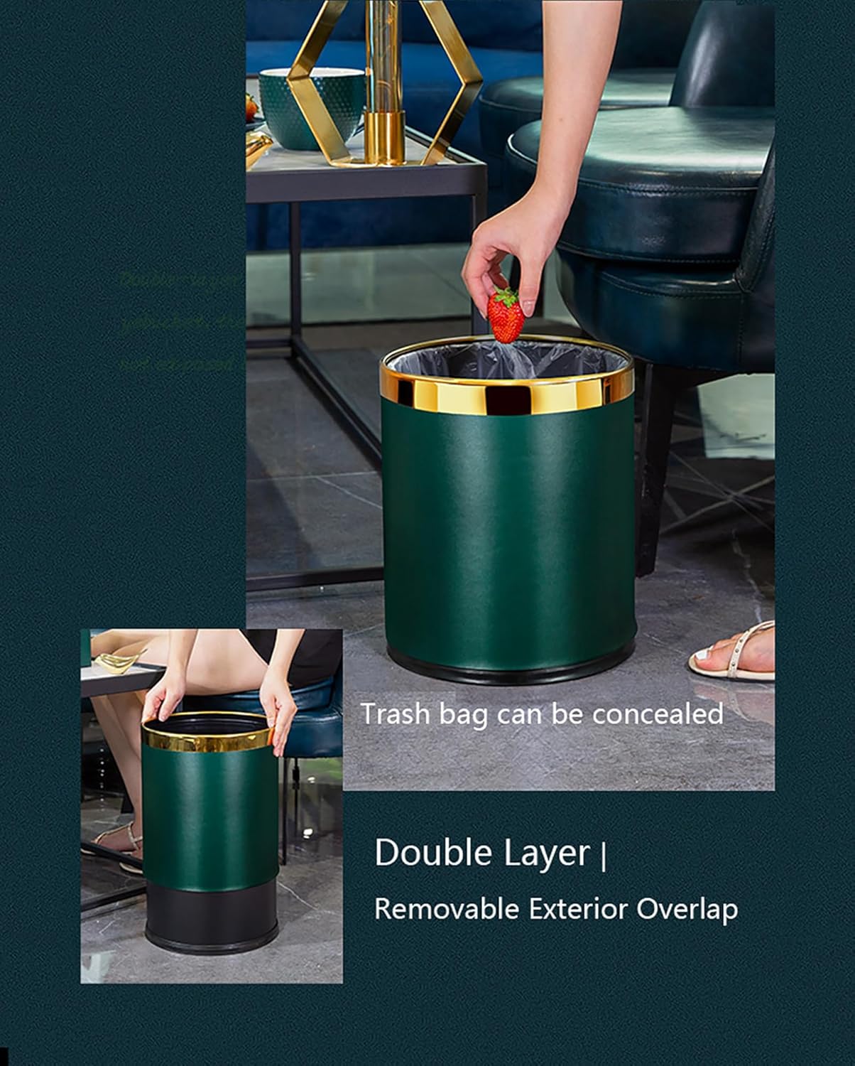 Elegant Leather Trash Can, Decorative Metal Wastebasket with Removable Stainless Steel Ring - Open Top Garbage Bin for Office, Bedroom, Hotel (Morandi Green, 10L)