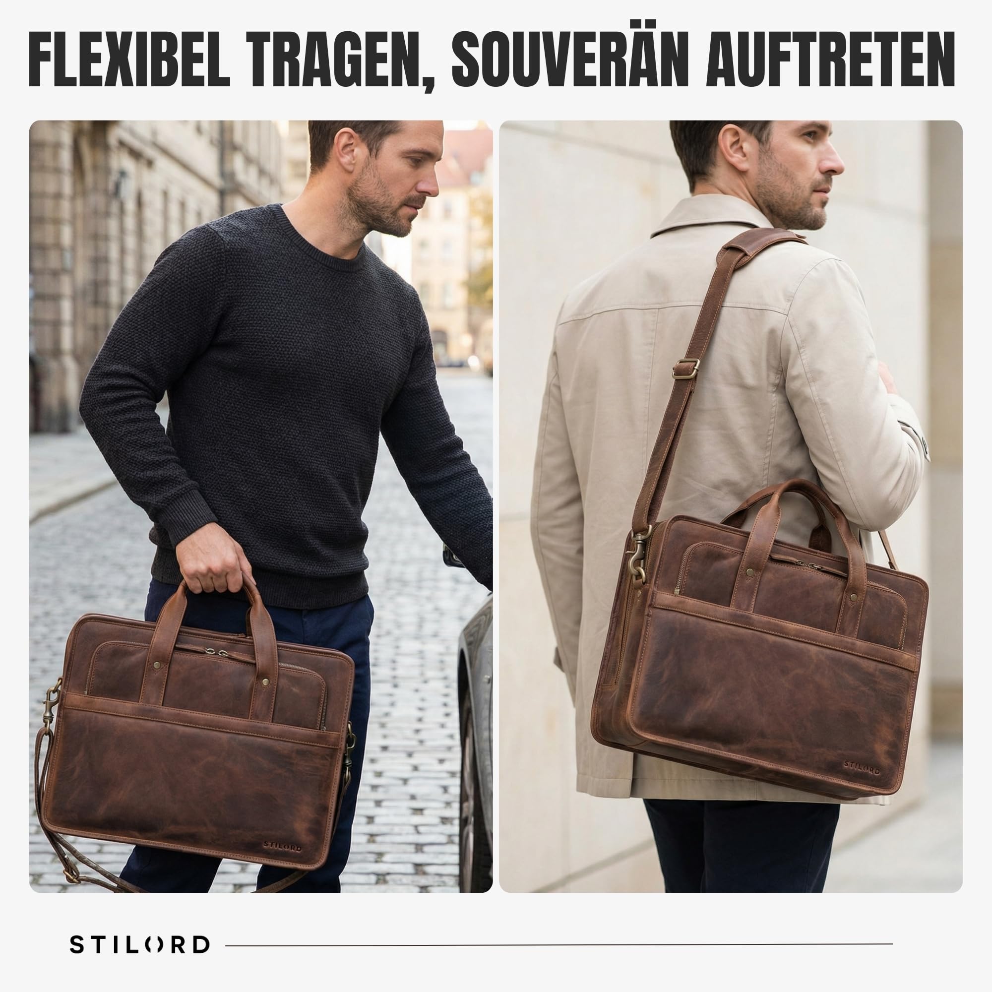 STILORD Paolo Geräumige Aktentasche Herren Leder Arbeitstasche 15,6 Zoll Laptoptasche für Männer Umhängetasche Groß Dokumententasche Große Lehrertasche echtes Rindsleder Farbe:mittel - braun