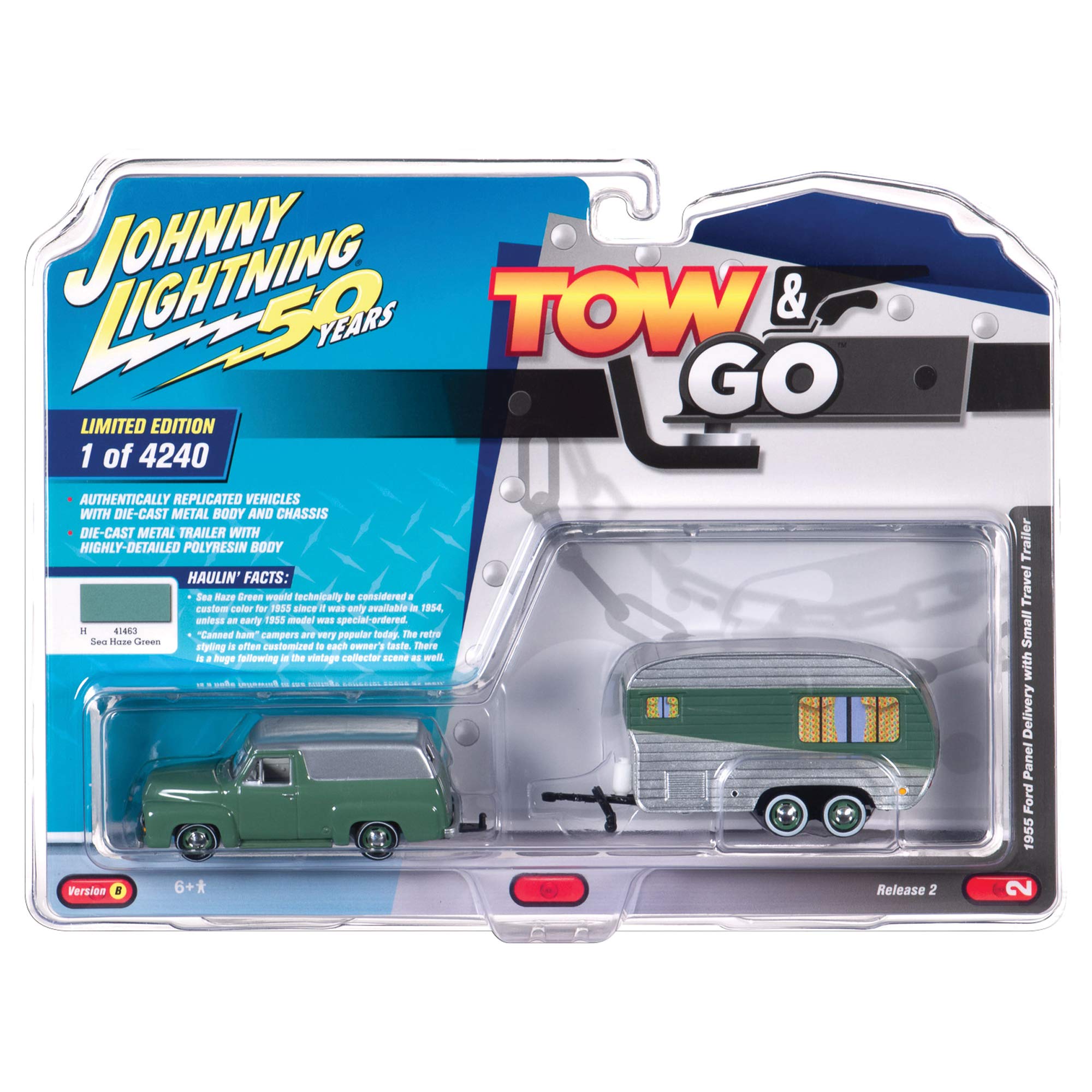 Johnny Lightning Tow & Go 1:64 1955 Ford Panel Delivery w Travel Trailer VER B