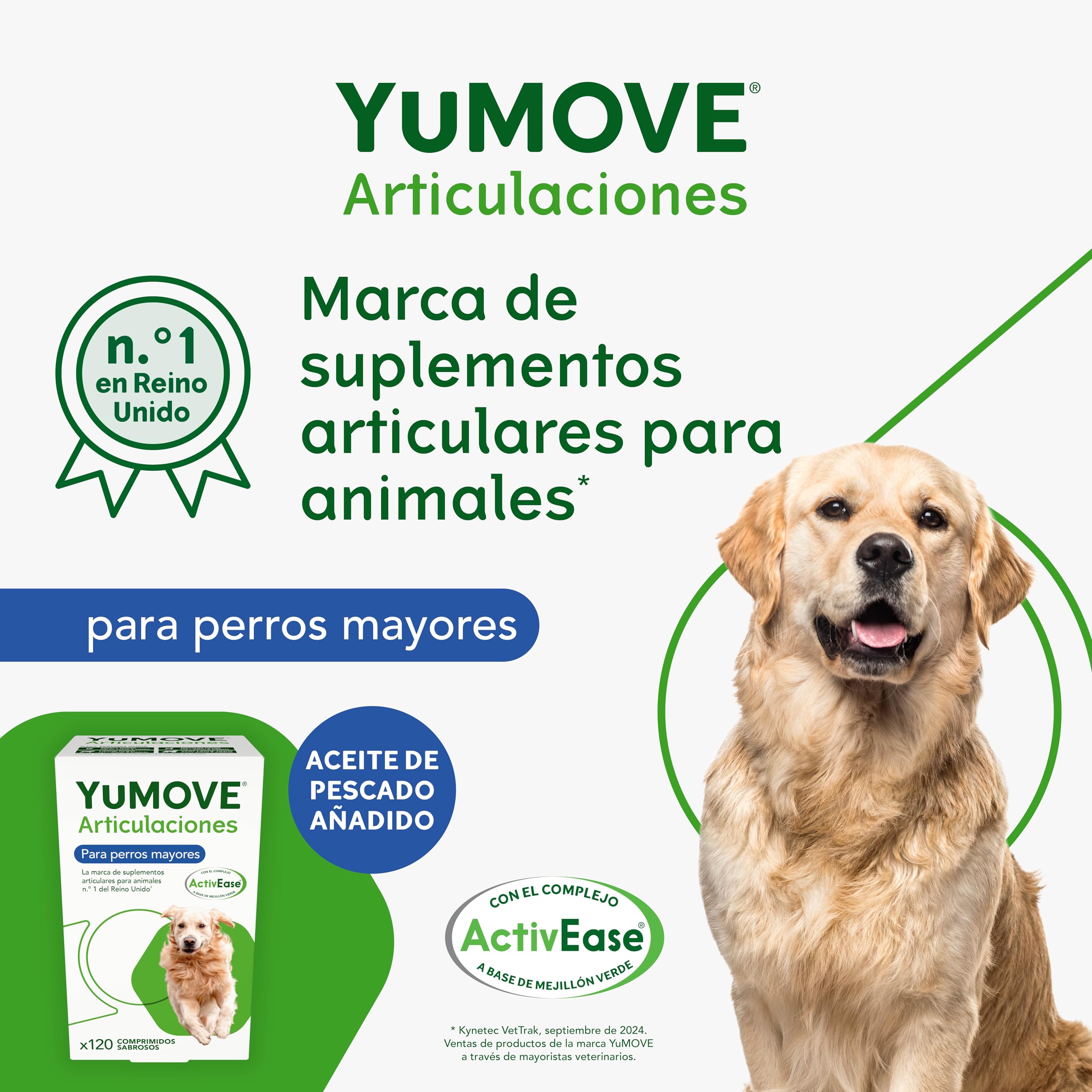 YuMOVE Condroprotector Perros Mayores de 8 Años 120 Tabletas - 170mg Cada Pastilla Patente Pendiente Mejillón Labio Verde ActivEase, Glucosamina, Condroitina - Movilidad y Refuerza Las Articulaciones