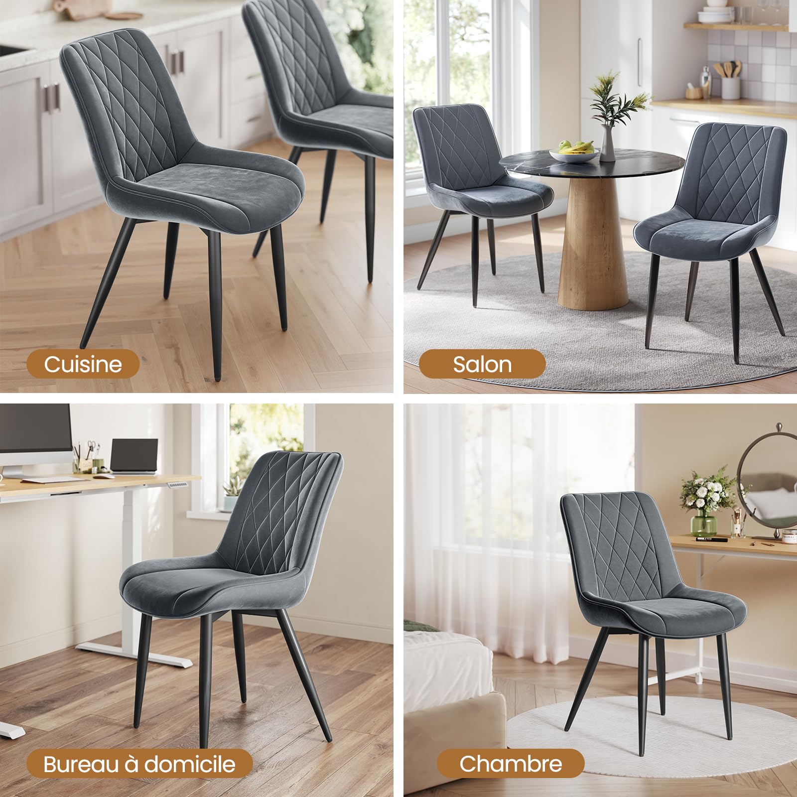INRE Lot de 4 Chaises Salle à Manger en Velours, Chaise de Cuisine Rembourrée avec Dossier Ergonomique, Pieds en Métal, Patins Réglables, pour Salon Bureau Chambre, Gris Foncé