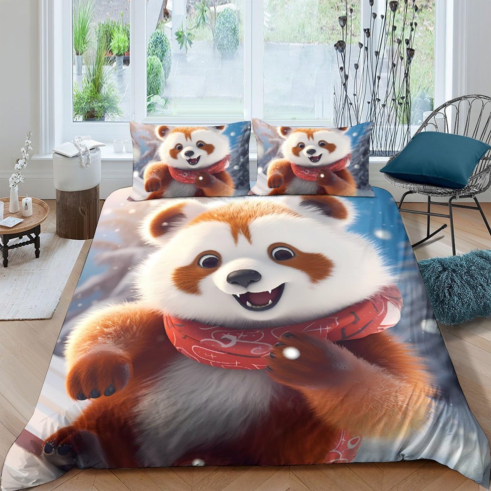 TUFRTGYHN 3D Printed Cartoon Red Panda Duvet Cover Microfiber Soft Breathable Animal Bedding Set with 2 Pillowcases for Bedroom Decor, Single（135x200cm）