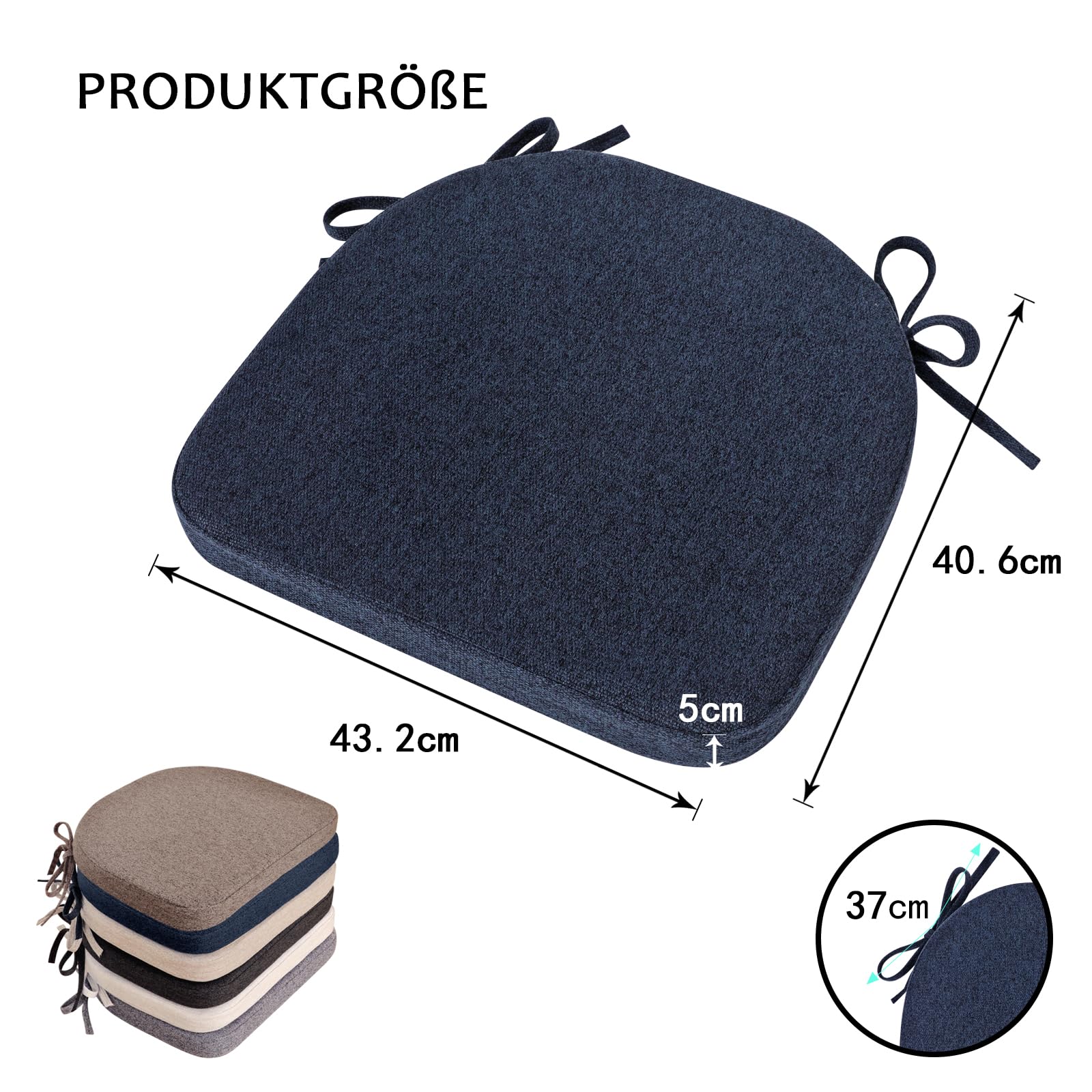 4pcs Stuhlkissen mit Bändern (43 * 41cm) Sitzkissen Stuhl rutschfest Sitzauflage Sitzpolster halbrund für Stühle in Haus und Garten Büro