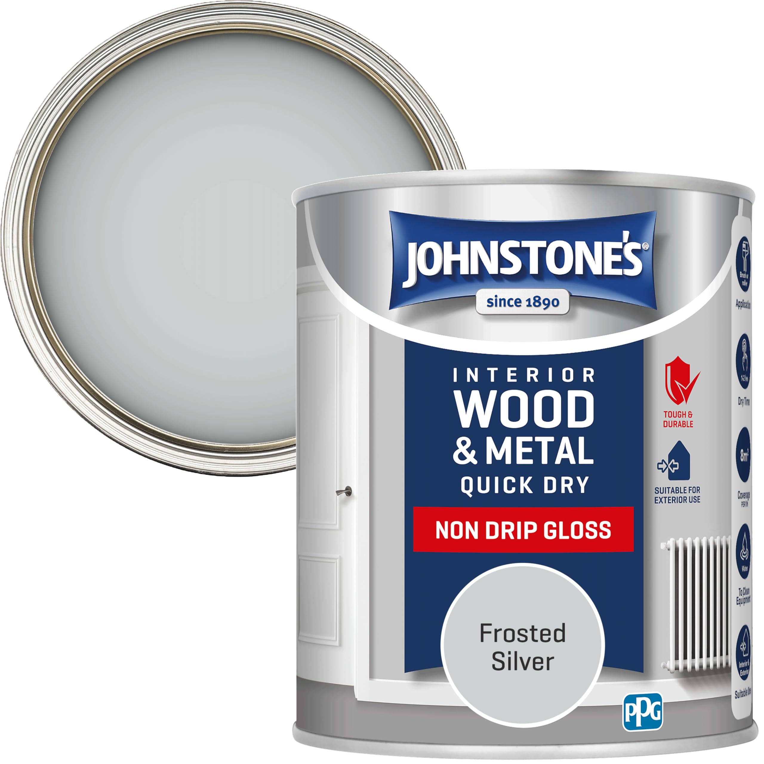 Johnstone’s - Quick Dry & Non Drip Gloss Paint for Wood & Metal - Frosted Silver | Interior & Exterior | Low Odour, Water-Based Formula, Dry in 1-2 Hours | 10m2 Coverage per Litre | 750ml