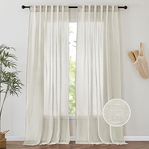PONY DANCE Cortinas de lino natural con pestaña trasera de 84 pulgadas de largo para sala de estar 2 paneles con bolsillo para cortina cortinas
