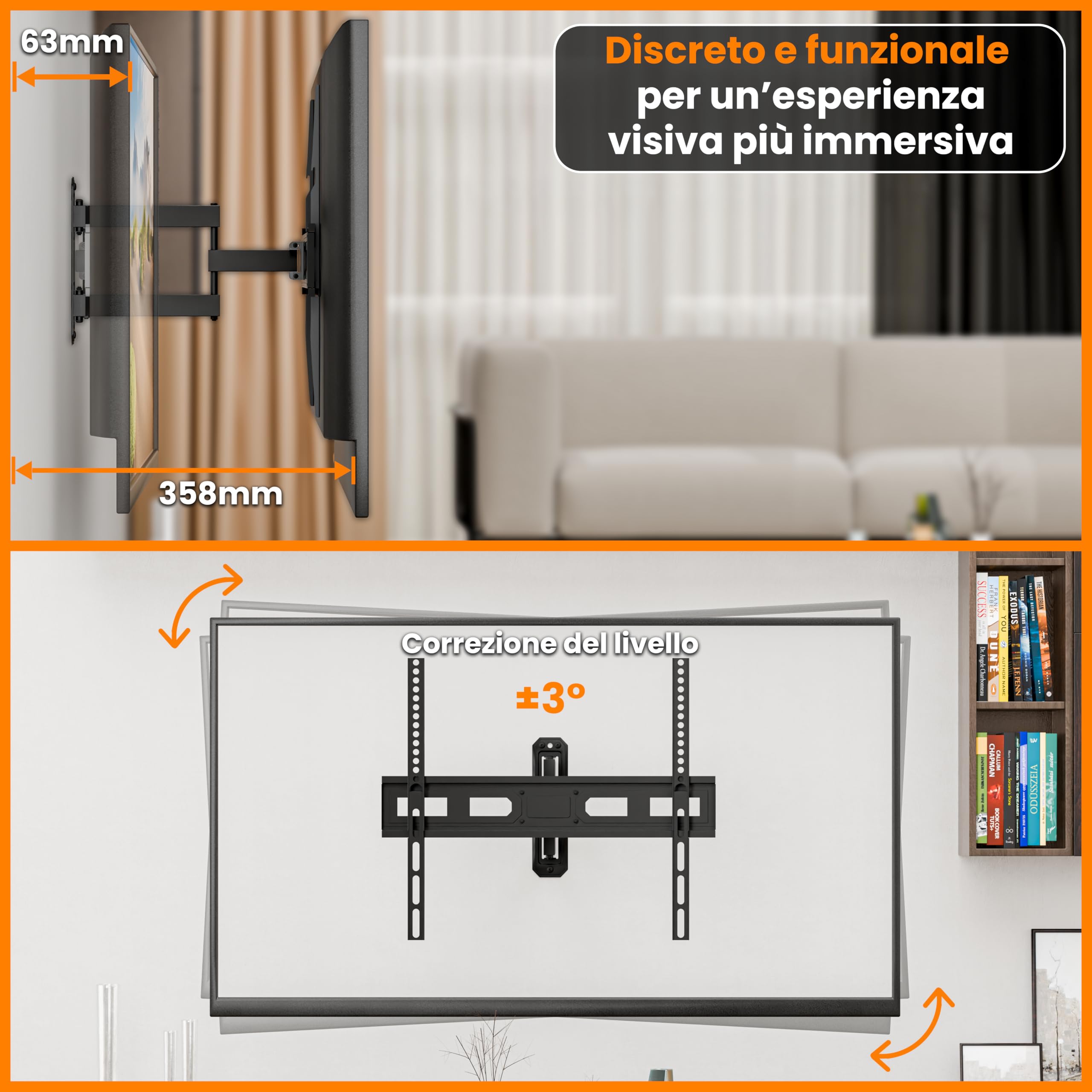 EasyLife TV Supporto da Parete FlexMount E70 Single 37–70 Pollici – Girevole, Inclinabile, Design a 1 Braccio, VESA 600x400, Capacità 35KG – Supporto TV per LED, LCD, OLED, 4K con Gestione Dei Cavi