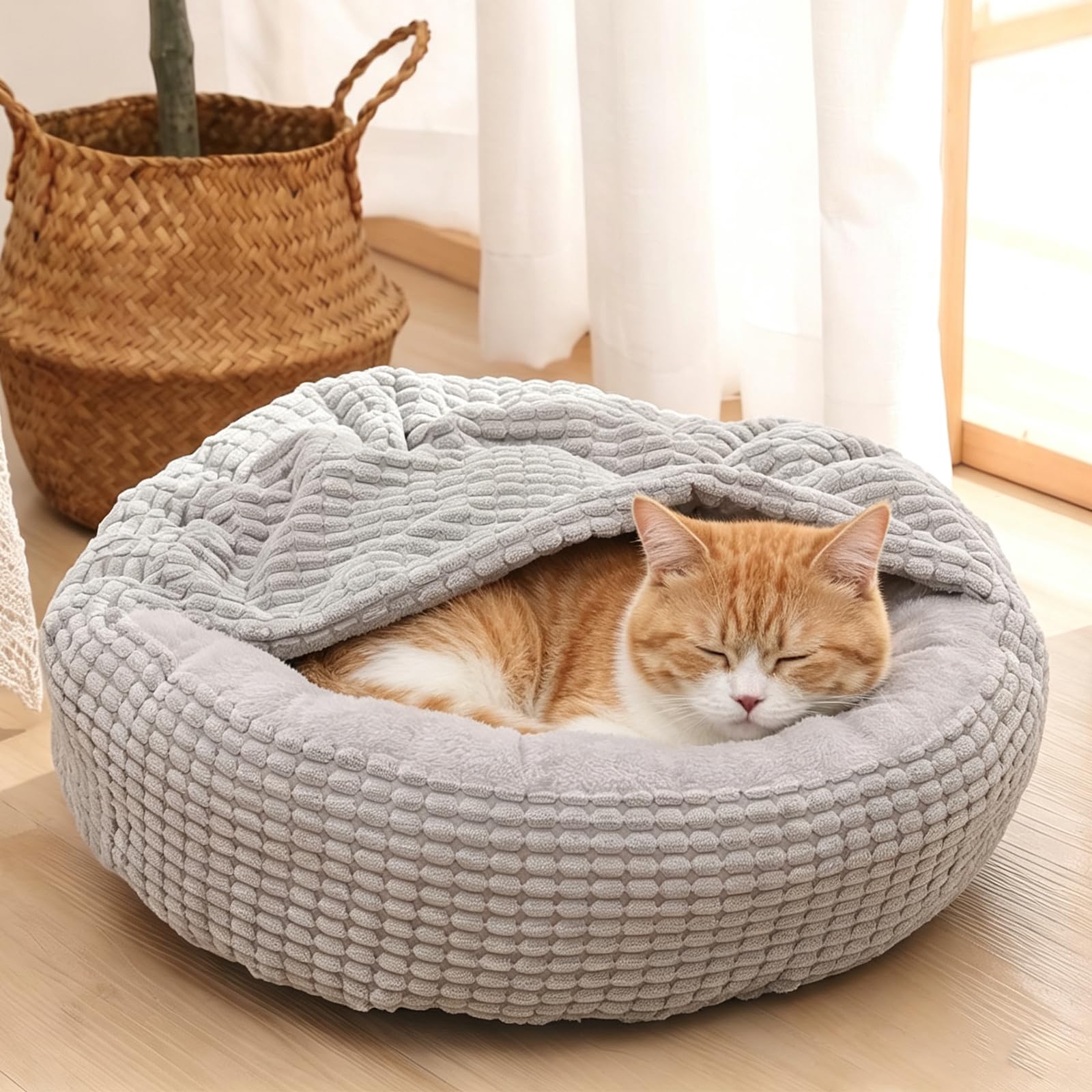 PETCUTE Cama Esponjosa y Lavable para Mascotas, Ronda Perro y Gato, Suave Cama Pequeña con Manta, Antideslizante, Antiestres, Vellón de Maíz - Gris
