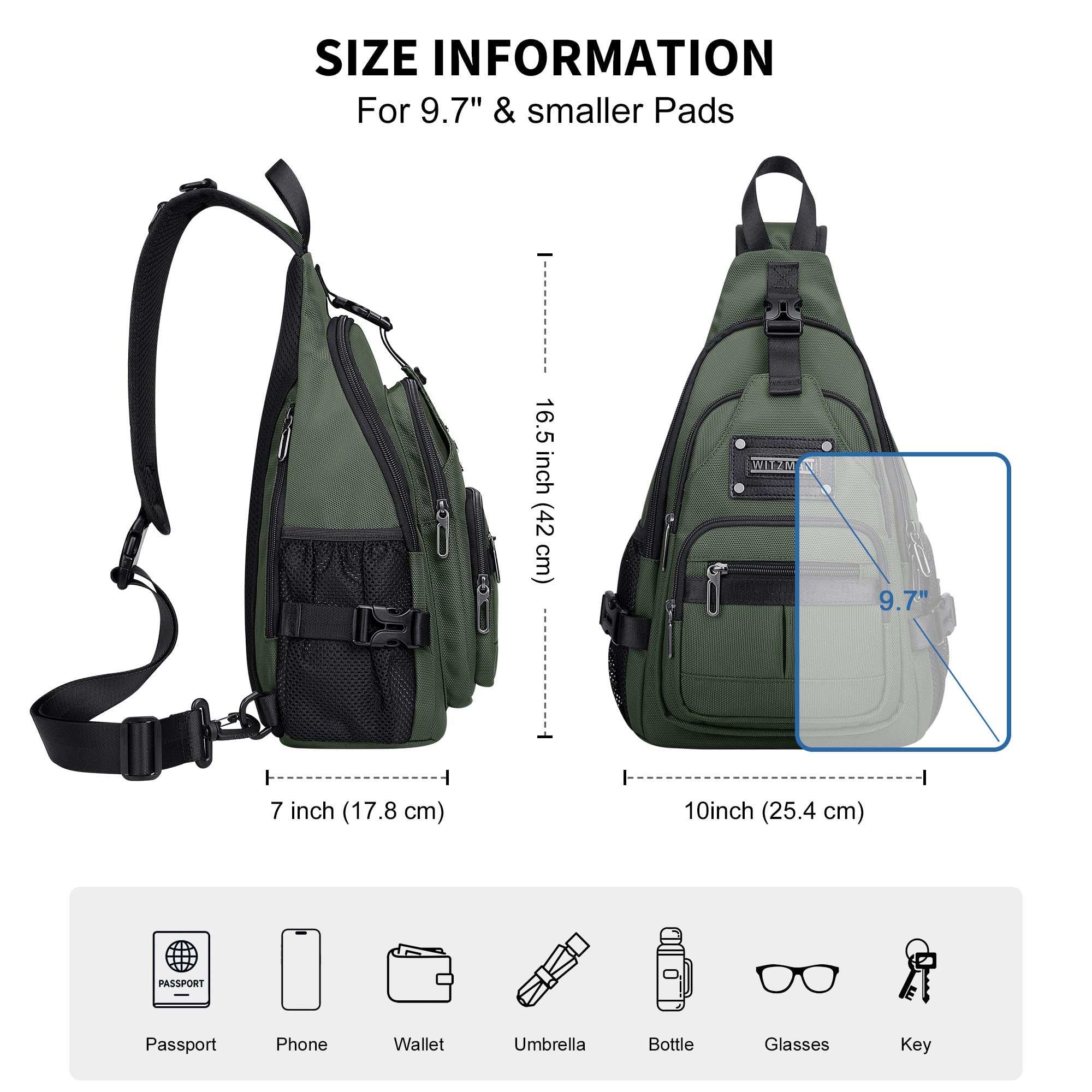 WITZMAN Umhängetasche für Herren 19L Reise Sling Bag mit USB-Ladeport | Schultertasche und Brusttasche Wasserabweisend Mehrere Fächer Passt 9,7 Zoll iPad für Alltag Outdoor und Arbeit,B735