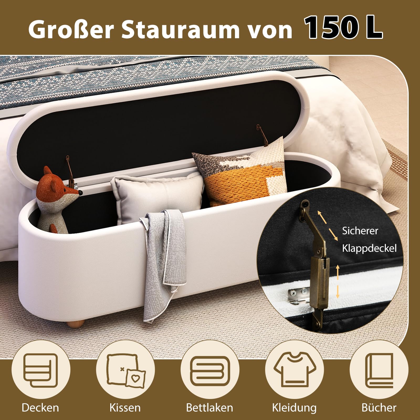 COSTWAY Sitzbank mit Stauraum 150L, 139cm Sitztruhe mit Klappdeckel, als Bettbank & Flurbank & Fußhocker, Aufbewahrungskiste gepolstert für Schlafzimmer, Wohnzimmer, Eingang, 139 x 40,5 x 48,5cm, weiß