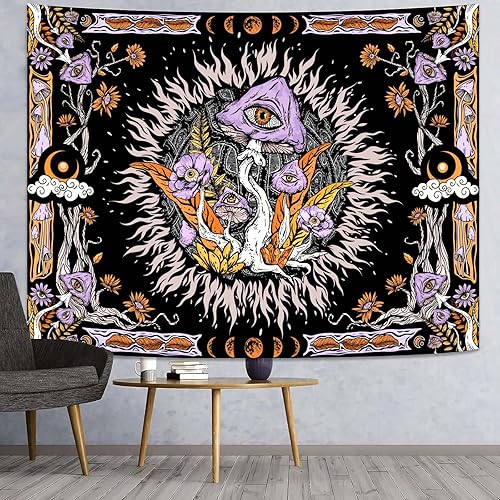 Miniatura 3 de Lifeella Tapiz de hongos morados, ojos hippie con hojas florales, tapices de fase lunar para dormitorio, grunge, para colgar en la pared, 36 x 48