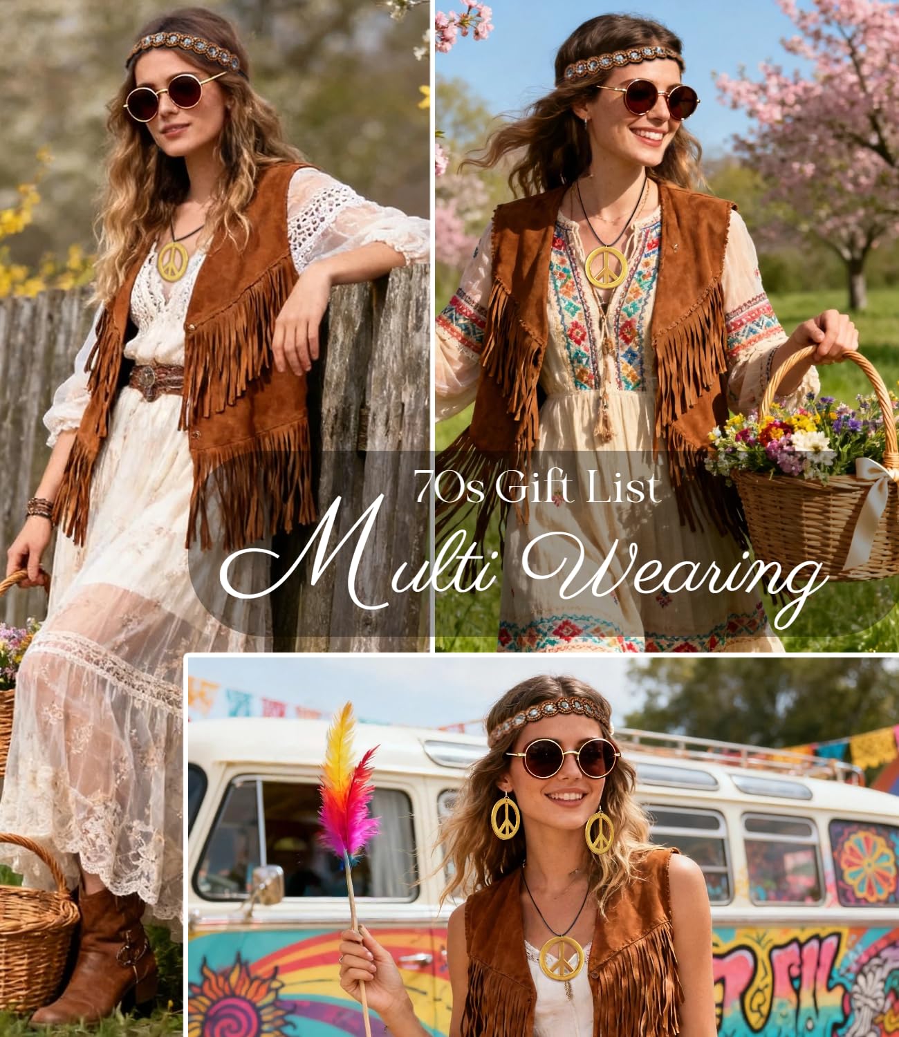 kasahara Hippie Accessoires 5 Stück Set, Hippie Kostüm Damen Kleidung, 60er 70er Jahre Bekleidung Abba Kostüm Accessoires Faschingskostüme Karneval Damen Boho Zubehör