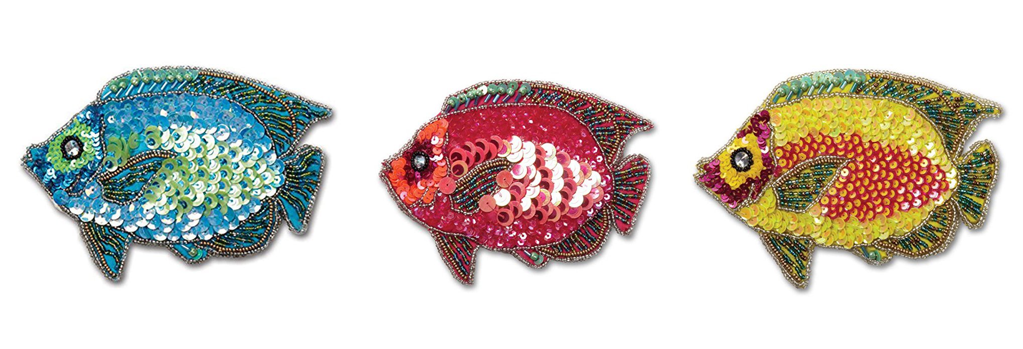 Pack of 3 Sequined and Beaded Fish Coin Purse in Fuchsia, Yellow and Turquoise (colors may vary)
