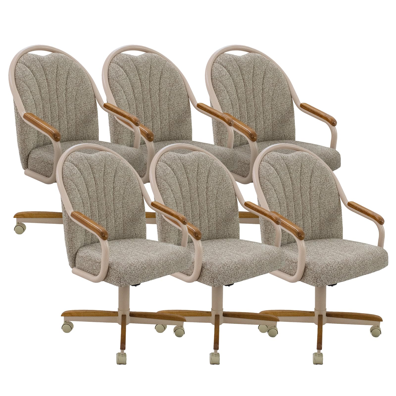 Chromcraft Douglas Set of 6 Casual Dining Chairs Classic Swivel Tilt Dinning Chairs with Casters, Wooden Arm Metal Base Chairs with Rolling Wheels for